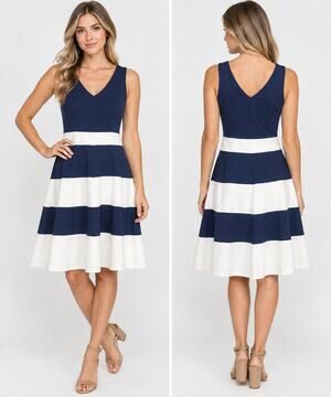 Felicity & Coco Dress Women L Navy White Stripe Fit Flare Sleeveless